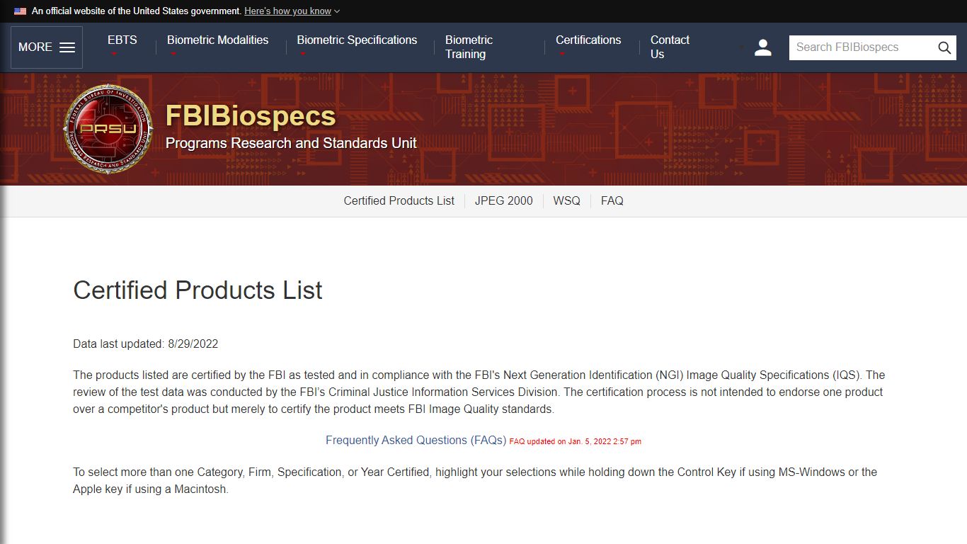 Certified Products List — BioSpecs - Federal Bureau of Investigation